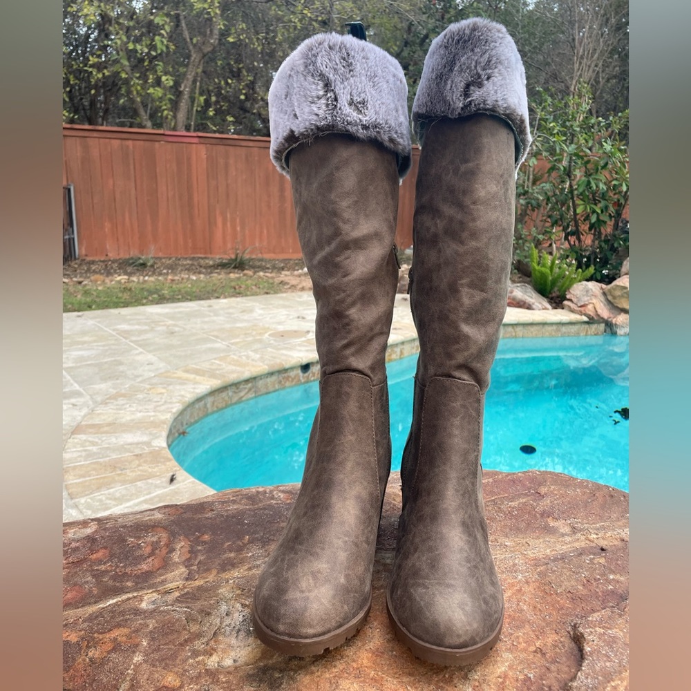 Lane Bryant “Emma” Faux Suede and Fur Cuff Wedge Heel Knee High Boots NWT